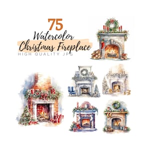 Watercolor Christmas Fireplace Clipart, High Quality JPG, Digital Download, Watercolor Clipart, Cozy Fireplace, Scrapbook, Christmas Clipart