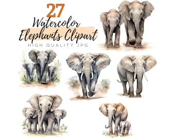 Watercolor Elephants Clipart Bundle, Wild Animal Clipart, High Quality JPG, Junk Journal, Wall Art, Digital Download, Baby Elephant