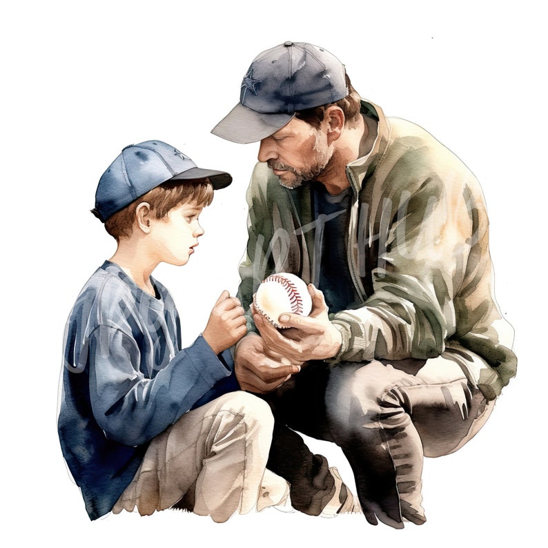 Pode incluir: Um homem e um menino usando bon&eacute;s de beisebol est&atilde;o ajoelhados e olhando para uma bola de beisebol. O homem est&aacute; usando uma jaqueta verde e o menino est&aacute; usando uma camisa azul.