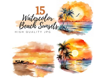Clipart tramonto spiaggia acquerello, acquerello tramonto, clipart spiaggia, download digitale, clipart oceano, clipart estate acquerello, vita da spiaggia
