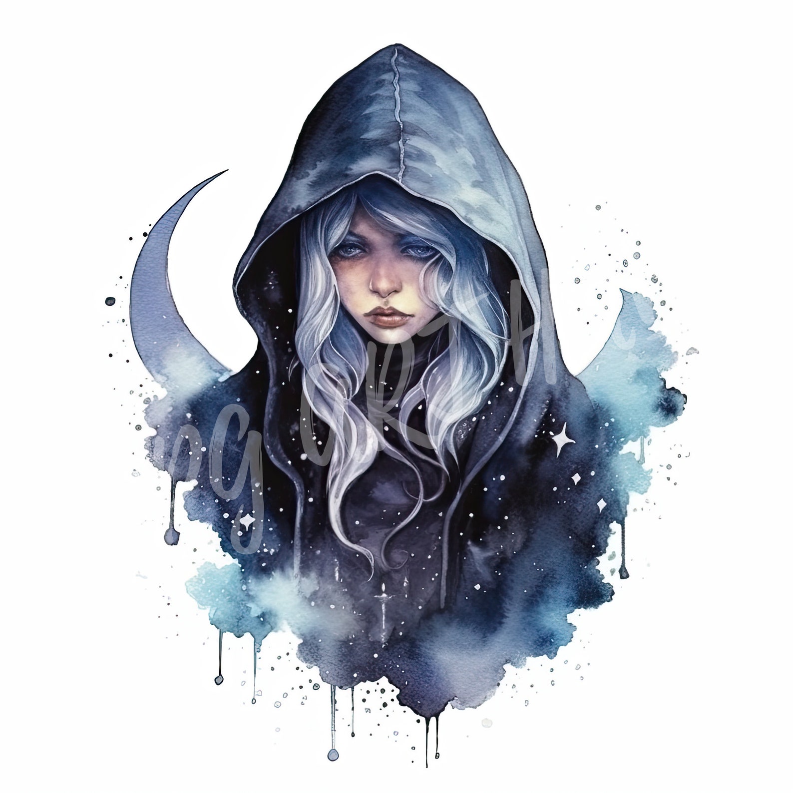 Watercolor Dark Celestial Witch Clipart, Halloween Clipart, Digital ...