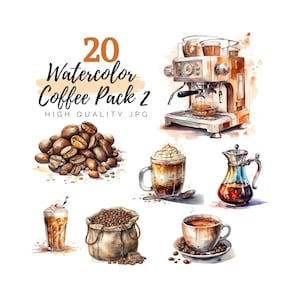 Watercolor Coffee Pack 2, Coffee Clipart, Coffee Machine Clipart, Coffee Beans Clipart, Cappuccino Clipart, Latte Clipart, Frappe Clipart