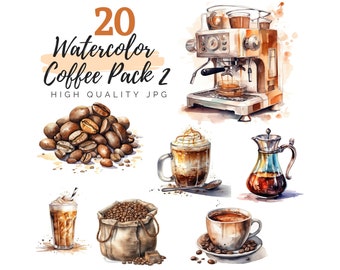 Watercolor Coffee Pack 2, Coffee Clipart, Coffee Machine Clipart, Coffee Beans Clipart, Cappuccino Clipart, Latte Clipart, Frappe Clipart