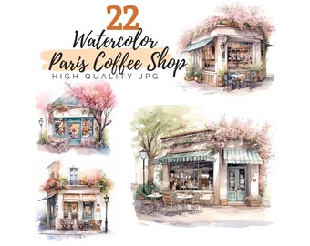 Watercolor Paris Coffee Shop Clipart, Coffee Clipart, High Quality JPG, Digital Download, Watercolor Clipart, Paris Clipart, French Cafe