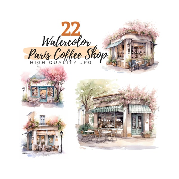 Watercolor Paris Coffee Shop Clipart, Coffee Clipart, High Quality JPG, Digital Download, Watercolor Clipart, Paris Clipart, French Cafe