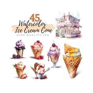 Watercolor Ice Cream Cone Clipart, Ice Cream Clipart, Summer Clipart, Digital Download, Dessert Clipart, Ice Cream Truck Clipart