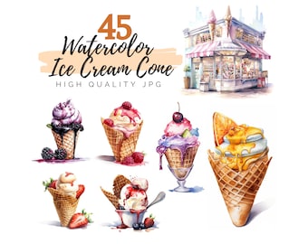 Watercolor Ice Cream Cone Clipart, Ice Cream Clipart, Summer Clipart, Digital Download, Dessert Clipart, Ice Cream Truck Clipart