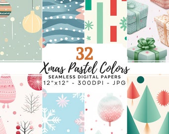 Seamless Christmas Pastel Color Digital Paper Pack, Christmas Seamless Pattern, Holiday Scrapbook Paper, Christmas Scrapbook, Pastel Texture