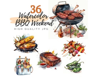 Watercolor BBQ Weekend Clipart, Summer Barbecue, Food Clipart, Digital Download, Barbecue clipart, Grill Clipart, American Culture