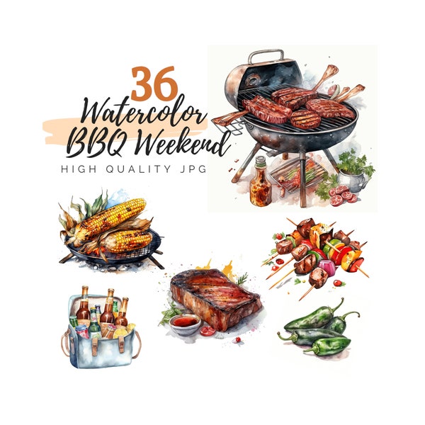 Aquarelle BBQ week-end Clipart, Barbecue d’été, nourriture Clipart, téléchargement numérique, Barbecue clipart, Grill Clipart, culture américaine