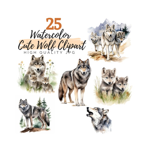 Watercolor Wolf into the Forest Clipart, Wolf Clipart, Digital Download, Watercolor Clipart, Wild Animals Clipart, Baby Wolf, Nursery Decor