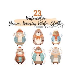 Scandinavian Beaver with Winter Clothes, High Quality JPG, Digital Download, Watercolor Clipart, Beaver Clipart, Adorable Beaver Cub