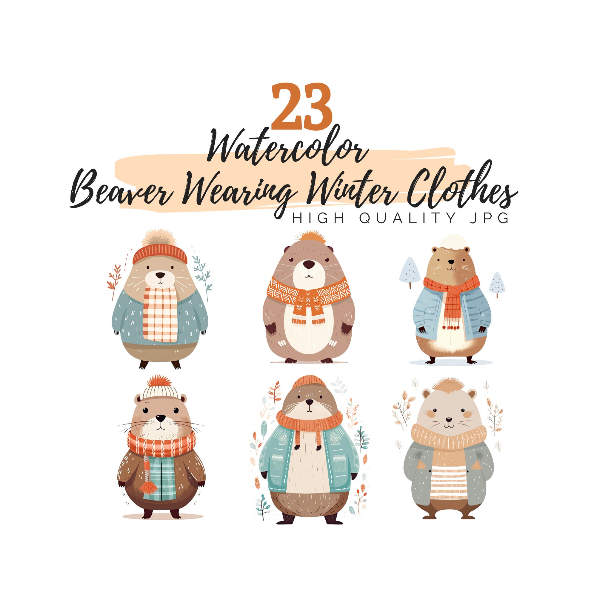 Scandinavian Beaver with Winter Clothes, High Quality JPG, Digital Download, Watercolor Clipart, Beaver Clipart, Adorable Beaver Cub
