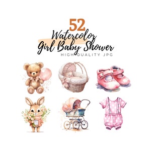 Watercolor Girl Baby Shower Clipart, Girl Clipart, Baby Clipart, Newborn Nursery, Gender Reveal, Babyshower Clipart, Digital Download