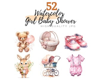 Watercolor Girl Baby Shower Clipart, Girl Clipart, Baby Clipart, Newborn Nursery, Gender Reveal, Babyshower Clipart, Digital Download