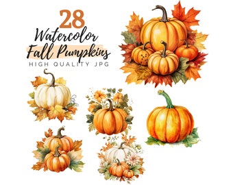 Watercolor Pumpkin Clipart, Fall Clipart Bundle, High Quality JPG, Digital Download, Watercolor Clipart, Halloween Clipart, Junk Journal