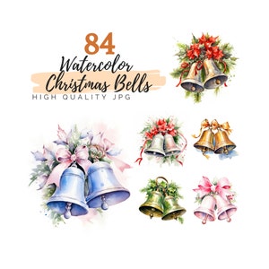 Watercolor Christmas Bells Clipart, High Quality JPG, Digital Download, Watercolor Clipart, Retro Bell, Scrapbook, Christmas Clipart