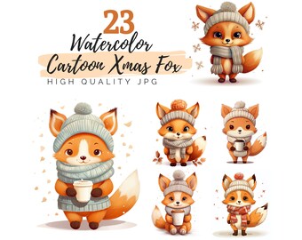 Watercolor Christmas Fox Clipart, Christmas Clipart, High Quality JPG, Digital Download, Watercolor Clipart, Winter Clipart, Scrapbooking