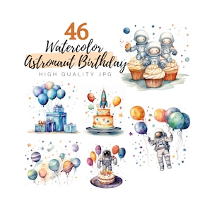 Watercolor Astronaut Birthday Clipart, Balloons Clipart, Gift Clipart, High Quality JPG, Party Clipart, Celebration Clipart Cake Clipart