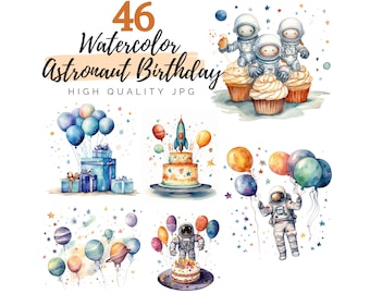 Akvarell Astronaut Födelsedag Clipart, Ballonger Clipart, Gåva Clipart, Högkvalitativ JPG, Fest Clipart, Firande Clipart Tårta Clipart