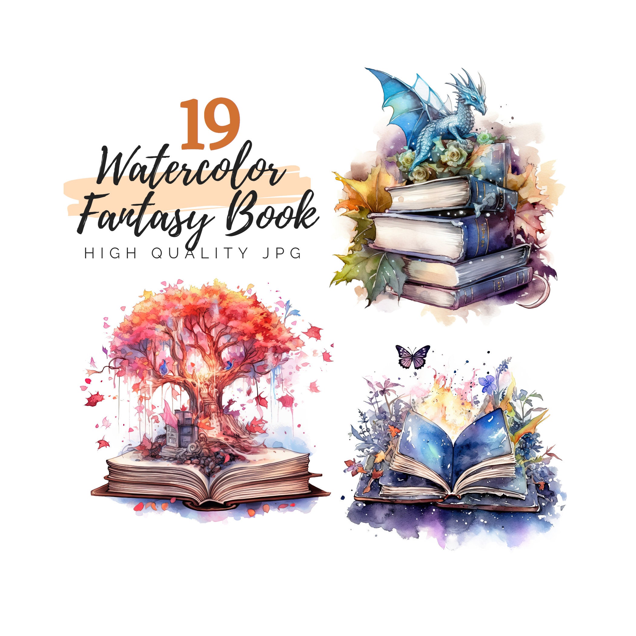 30 Watercolor Vintage & Fantasy Book Clipart, PNG Old Books By SharpSVG
