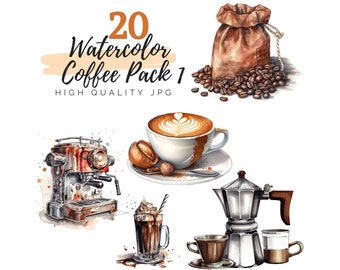 Watercolor Coffee Pack I, Coffee Clipart, Coffee Machine Clipart, Coffee Beans Clipart, Cappuccino Clipart, Latte Clipart, Frappe Clipart