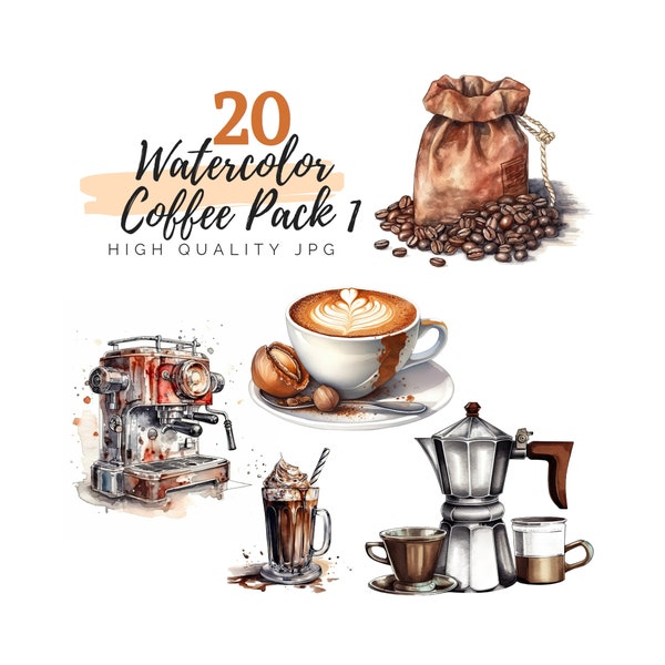 Watercolor Coffee Pack I, Coffee Clipart, Coffee Machine Clipart, Coffee Beans Clipart, Cappuccino Clipart, Latte Clipart, Frappe Clipart