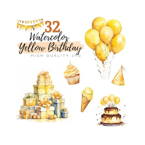 Aquarell Gelb Geburtstag Clipart Pack, Luftballons Clipart, Geschenk Clipart, hohe Qualität JPG, Party Clipart, Feier Clipart, Kuchen Clipart