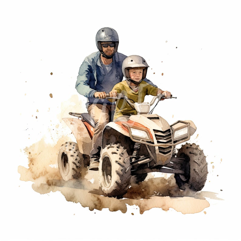 Pode incluir: Uma pintura em aquarela de um pai e um filho a andar de ATV num caminho de terra. O pai est&aacute; a usar uma jaqueta azul e um capacete, enquanto o filho est&aacute; a usar uma camisa vermelha e um capacete. O ATV &eacute; castanho e preto com uma faixa vermelha.