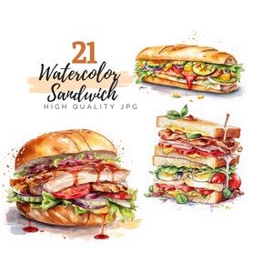 Aquarel Sandwich Clipart - Fast Food Clipart - Voedsel Illustratie - Hoge kwaliteit JPG - Commercieel gebruik - Aquarel Clipart - Menu Clipart