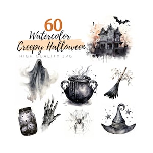Acuarela espeluznante noche de Halloween Clipart, imágenes prediseñadas espeluznantes, imágenes prediseñadas de Halloween, descarga digital, imágenes prediseñadas fantasma, imágenes prediseñadas de murciélago, imágenes prediseñadas de bruja