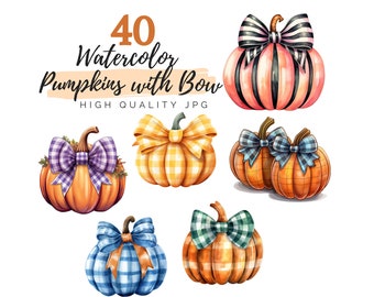 Watercolor Pumpkins with Bow Clipart, Halloween Clipart, High Quality JPG, Digital Download, Watercolor Clipart, Floral Pumpkin Printable