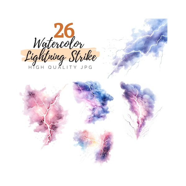 Watercolor Lightning Strike Clipart, Lightning Clipart, Digital Download, Storm Weather Clipart, Thunder Storm Clipart, Lightning Bolt