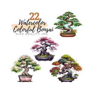 May include: Four watercolor paintings of bonsai trees. The trees are in different colors and styles, including green, pink, and red. The text "22 Watercolor Colorful Bonsai HIGH QUALITY JPG" is at the top of the image.
