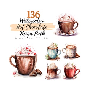 Watercolor Hot Chocolate Clipart, High Quality JPG, Digital Download, Watercolor Clipart, Hot Cocoa Clipart, Food Clipart, Winter Clipart