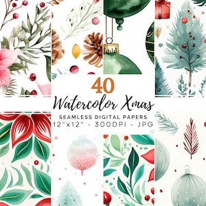 Seamless Watercolor Christmas Digital Paper, Christmas Seamless Pattern, Holiday Scrapbook Paper, Christmas Scrapbook, Christmas Printable