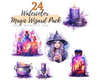 Watercolor Magic Wizard Clipart Bundle, Cute Halloween Clipart, Digital Download, Witch Clipart, Sorceress Clipart, Magic Clipart, Scrapbook