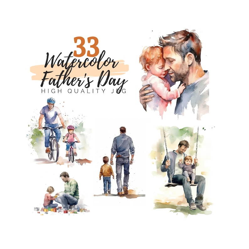Pode incluir: Um conjunto de 33 ilustra&ccedil;&otilde;es de aquarela que retratam pais e filhos. As ilustra&ccedil;&otilde;es representam um pai e um filho andando de bicicleta, um pai e um filho caminhando, um pai e um filho em um balan&ccedil;o e um pai e um filho brincando com blocos. As ilustra&ccedil;&otilde;es est&atilde;o em um estilo aquarela suave e s&atilde;o perfeitas para cart&otilde;es do Dia dos Pais, p&aacute;ginas de scrapbook ou outros projetos criativos.