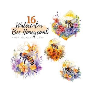 Aquarel Bee Honeycomb Clipart, Bee Clipart, Honey Clipart, digitale download, Honeybee Clipart, Summer Hive Clipart, Scrapbook, Floral Bee
