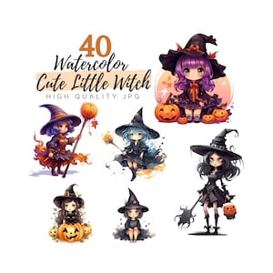 Cute Little Witch Clipart, Halloween Clipart, High Quality JPG, Digital Download, Watercolor Clipart, Spooky Clipart, Witch Junk Journal