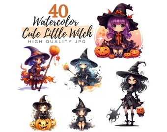 Cute Little Witch Clipart, Halloween Clipart, High Quality JPG, Digital Download, Watercolor Clipart, Spooky Clipart, Witch Junk Journal