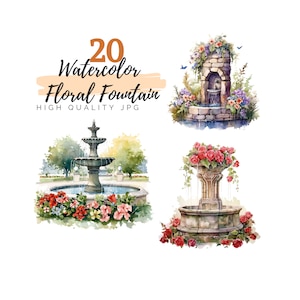 Watercolor Floral Fountains Clipart, Spring Water Fountains, Digital Download, Park Fountain, Garden Fountain, Watercolor Clipart