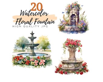 Imágenes prediseñadas de fuentes florales de acuarela, fuentes de agua de manantial, descarga digital, fuente del parque, fuente de jardín, imágenes prediseñadas de acuarela