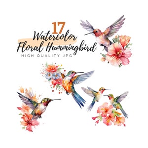 Watercolor Floral Hummingbird Clipart, Bird Clipart, Watercolor Bird, Watercolor Hummingbird, Digital Download, Animal Clipart, Nursery Art
