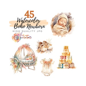 Aquarell Boho Neugeborenen Clipart, Baby Clipart, digitaler Download, Kinderzimmer Clipart, Baby Dusche Clipart, Kinderzimmer Dekor, Neugeborenen Clip Art