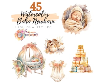 Watercolor Boho Newborn Clipart, Baby Clipart, Digital Download, Nursery Clipart, Baby Shower Clipart, Nursery Decor, Newborn Clip Art