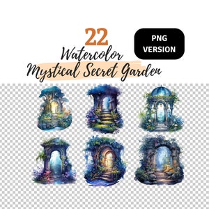Watercolor Mystical Night Garden Clipart PNG, Mystical Clipart, Digital Download, Magical Clipart, Fantasy Clipart, Watercolor Clipart