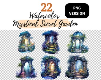 Aquarela Mística Noite Jardim Clipart PNG, Clipart Místico, Download Digital, Clipart Mágico, Clipart Fantasia, Clipart Aquarela