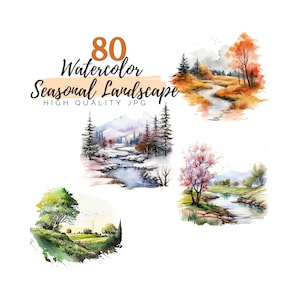 Watercolor Seasonal Landscape Clipart, Seasonal Clipart, High Quality JPG, Digital Download, Watercolor Clipart, Cabin and Lake, Nature