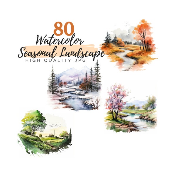 Watercolor Seasonal Landscape Clipart, Seasonal Clipart, High Quality JPG, Digital Download, Watercolor Clipart, Cabin and Lake, Nature